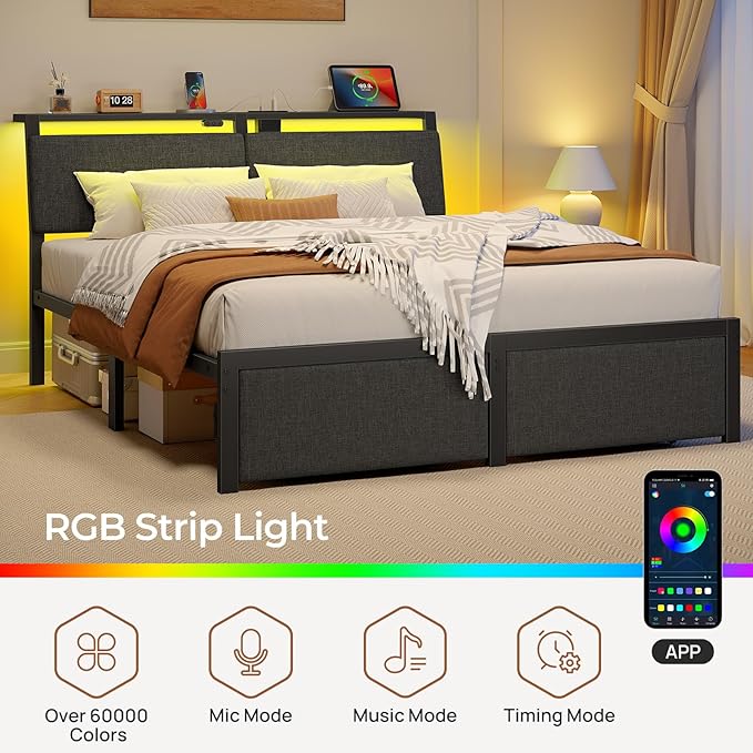 Rolanstar Queen Bed Frame with Ergonomic Headboard Storage & Charging Station, Upholstered Platform Bed with LED Light & Drawer, Heavy Duty Metal Slats, Noise Free, No Box Spring Needed, Grey
