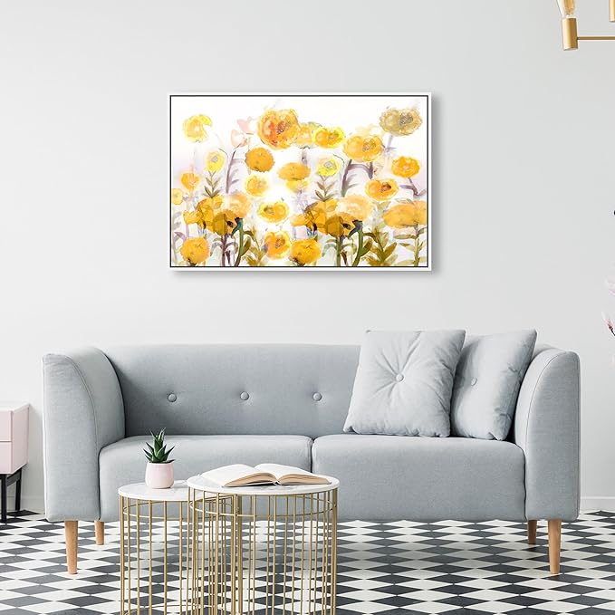 The Oliver Gal Artist Co. Floral and Botanical Wall Art Framed Canvas Prints 'Bella Garden Poppy Yellow' Gardens White Floating Frame 30" x 20"