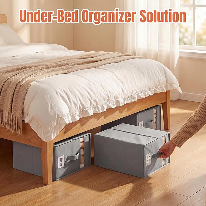 6 Pack Large Bed Sheet Organizers and Storage, (King & Queen Size) Sheet Organizer for Linen Closet, Foldable Bedding Storage Box with Window for Bedsheets, Blanket, Duvet Cover Grey