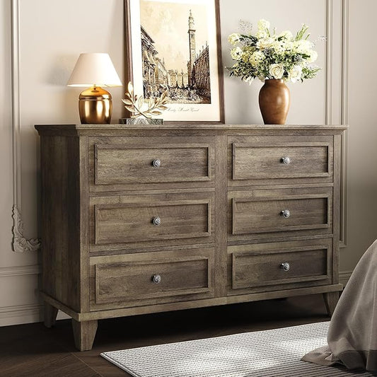 GAOMON Dresser for Bedroom, 6 Drawer Wide Dresser Storage Organizer, Modern Wooden Chest of Drawers with Metal Handles for Hallway, Entryway, Home Office, Grey
