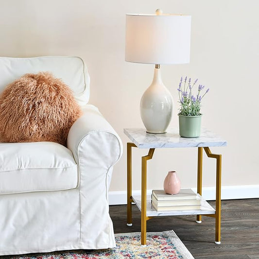 Household Essentials Crown Square Side End Table with Storage Shelf White Marble and Gold Metal