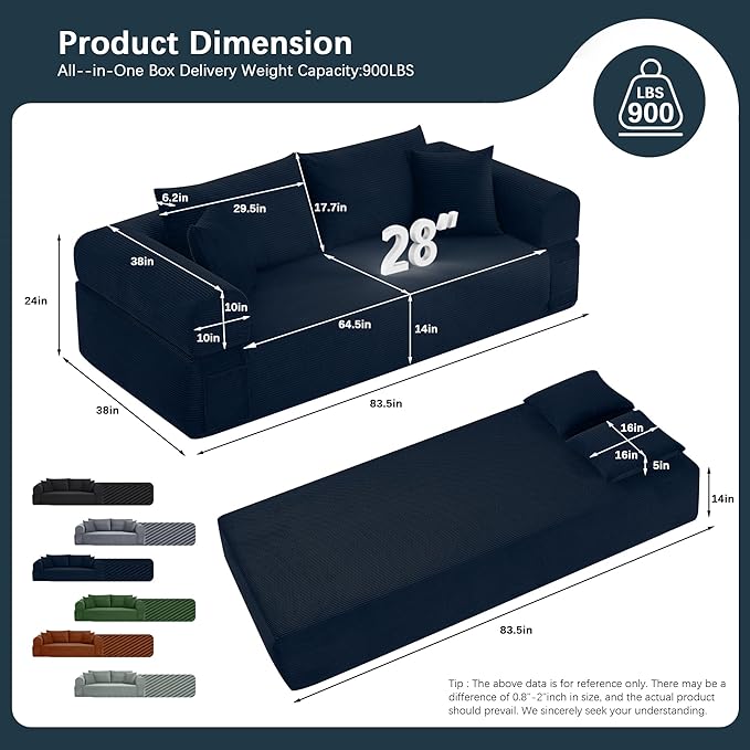 83" Modern Sofa in a Box, No Assembly Oversized 3 Seater 28" Deep Seat Cloud Sofa Bed Couch with 4 Furry Pillows & Corduroy Fabric, Boneless Couch with Side Storage Pockets for Living Room, Navy Blue