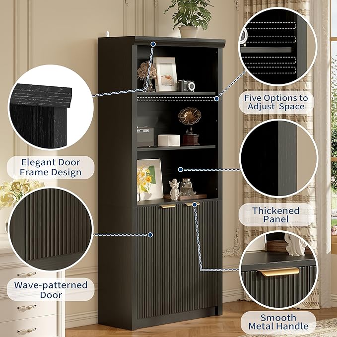 Garvee Tall Book Shelf and Bookcase, Wooden Bookcase with Doors, Modern Book Case with Large Storage Cabinet, 5-Shelf Bookcases with Adjustable top Shelve for Home Office, Living Room, 2 Set Black