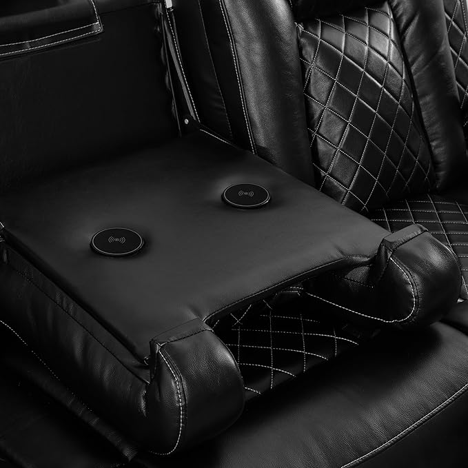 Power Leather Recliner Sofa Set with LED Light,Reclining Sofa and Chair Set with Coffee Table/USB Charger/Storage,Leather Couch for Living Room Furniture Sets(3+1 Seats,Black)