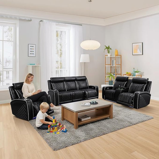 Power Recliner Sofa Set, Breathing Leather Reclining Couch Set, 3 Piece Living Room Furniture Set with LED Lights/Charging Ports/Storage for Home/Office (Black New, Sofa+Loveseat+Chair)