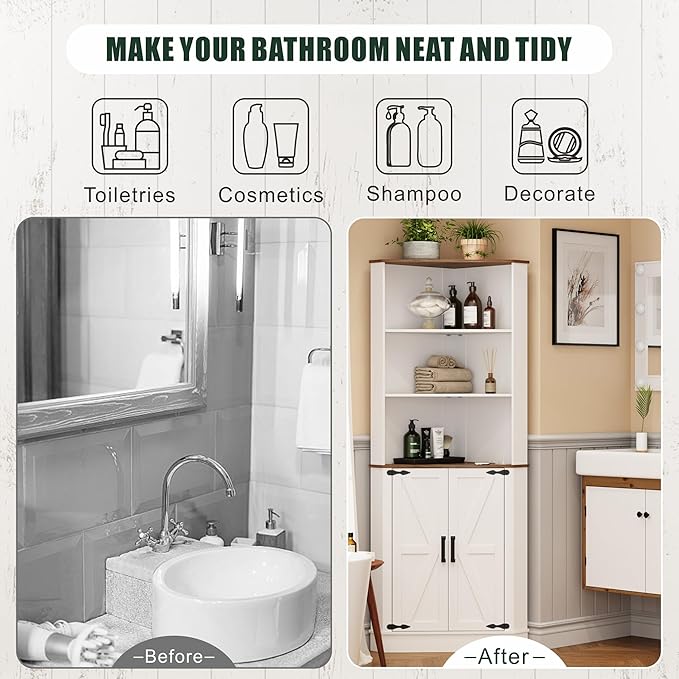 Farmhouse Corner Cabinet with LED Light, 67" Tall Bathroom Cabinet with 2 Doors and 3 Tier Shelves, Free Standing Corner Storage Cabinet for Living Room or Kitchen, White