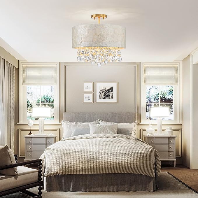 4-Light Drum Capiz Shell Crystal Chandeliers, Coastal Design Semi-Flushmount Ceiling Light Fixture for Dining Room, Bedroom, D16xH16 inch, Shell Lampshade & Gold Finish
