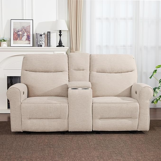 MCombo 78.3" Wall Hugger Power Loveseat Recliner Sofa with Console, Reclining Loveseat with USB Ports, Cup Holders, for Small Spaces Living Room RV, Fabric PR635M2 (Beige)