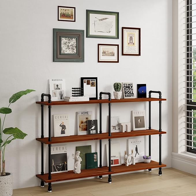 3 Tier Long Industrial Bookshelf, 3 Realwood Industrial Pipe Bookshelf for Living Room, Entry, Office (Walnut Brown, 60" L x 11.8" W x 39" H)