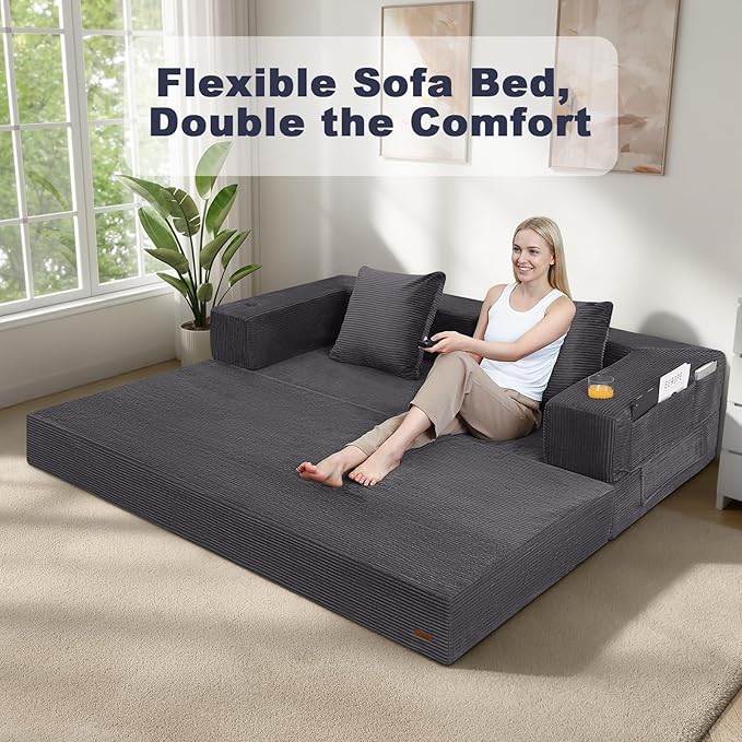 COMAX Boneless Couch, Futon Sofa Bed Couches Versatile Queen for Living Room, 79" 4 in 1 Convertible Sleeper Corduroy Couch Foam in a Box, Foldable Fold Out Floor Mattress No Assembly Required, Grey
