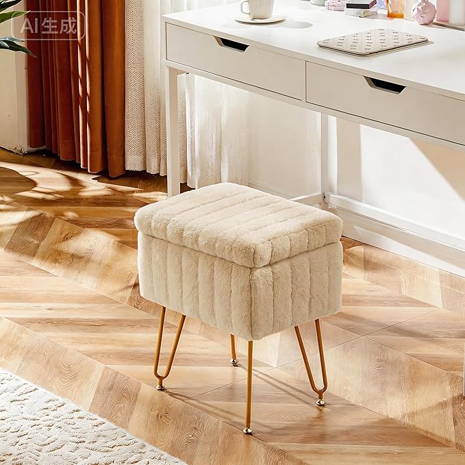DUMOS Vanity Stool Chair, Ottoman with Storage, Makeup Cute Soft Small Footstool, Modern Style Faux Fur Seat with 4 Metal Legs & Adjustable Feet for Dressing, Living Room Bedroom Dorm, Camel