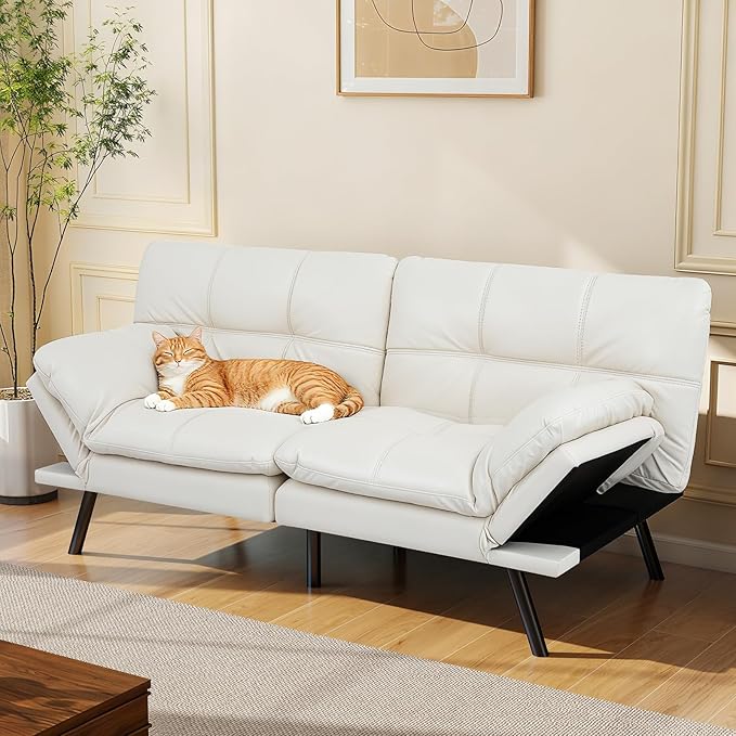 Opoiar Leather White Futon Sofa Bed Convertible Memory Foam Couch Bed Futon Sets Folding Modern Sleeper Sofa Loveseat for Studio,Drom,Apartment,Game Room and Small Space