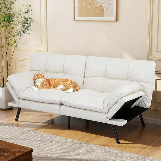 Opoiar Leather White Futon Sofa Bed Convertible Memory Foam Couch Bed Futon Sets Folding Modern Sleeper Sofa Loveseat for Studio,Drom,Apartment,Game Room and Small Space