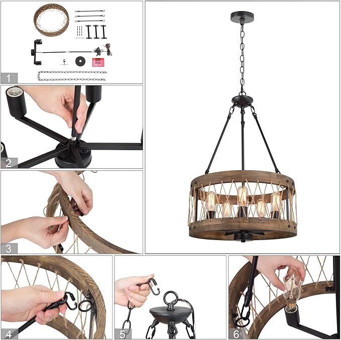 LALUZ Farmhouse Chandelier for Dining Room, 18’’ Round Wooden Chandelier, Hemp Rope Rustic Chandelier for Kitchen Island, Foyer