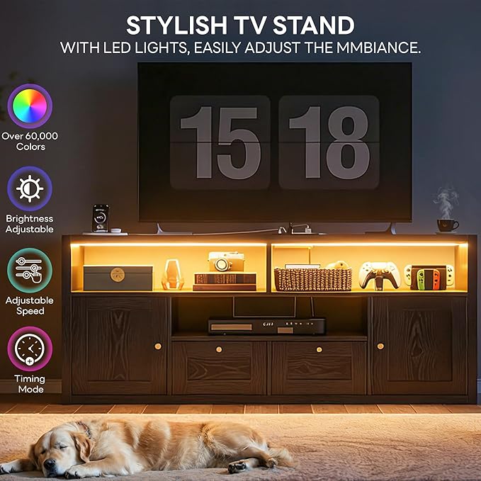 LIKIMIO Premium Black TV Stand with 1" Thick Top for 65" TV, Modern TV Console with LED Lights, Charging Station & Storage, High-End Entertainment Center for Living Room and Bedroom