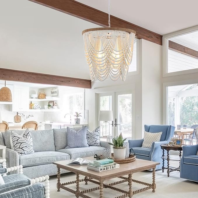 26” Boho Wood Beaded Chandelier Rustic Farmhouse Pendant Light 4-Lights Large Coastal Chandelier for Living Room Dining Room Foyer Entryway Bedroom, Oak White, E26, UL Listed