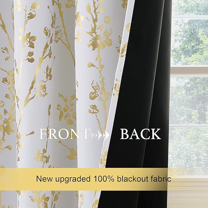 NICETOWN 100% Blackout White Curtains 63 inch Long, Grommet Branch Pattern Gold Foil Printed Window Treatments Room Darkening Drapes for Bedroom, W52 x L63, 2 Panels