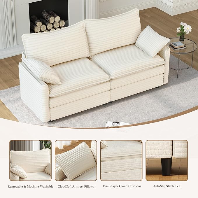 Vesgantti 74" Loveseat Sofa for Living Room, Comfy Cloud Couch Deep Seat Corduroy Modern 2 Seater Small Sofa with Armrest Pillow, Easy Assembly for Small Spaces, Beige | Sink-in Comfort, Height Adjustable, Easy Rearrangement, Extra-deep Ottoman, Solid ...