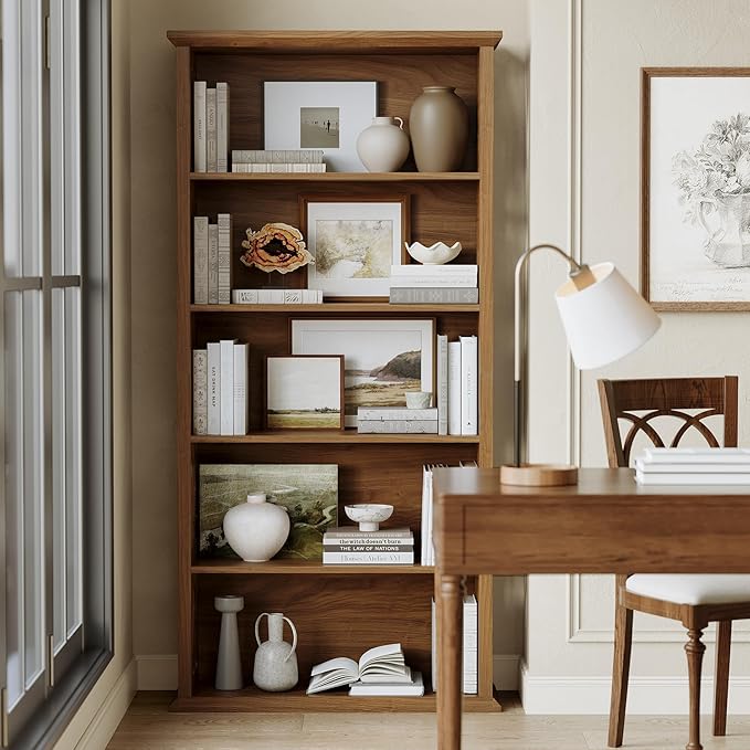 LITTLE TREE Wooden Bookshelf, Farmhouse 5-Shelf Bookcase, 70.9" Bookshelves and Bookcases, Office Bookshelf for Living Room, Bedroom, Kitchen, Home Office, Vintage Openwork Design, Rustic Brown