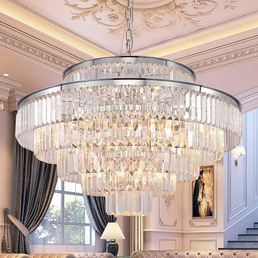 Crystal Chandelier Chrome Modern Luxury Pendant 7-Tier 31" Ceiling Lights Fixture for Dining Room, Living Room, Foyer
