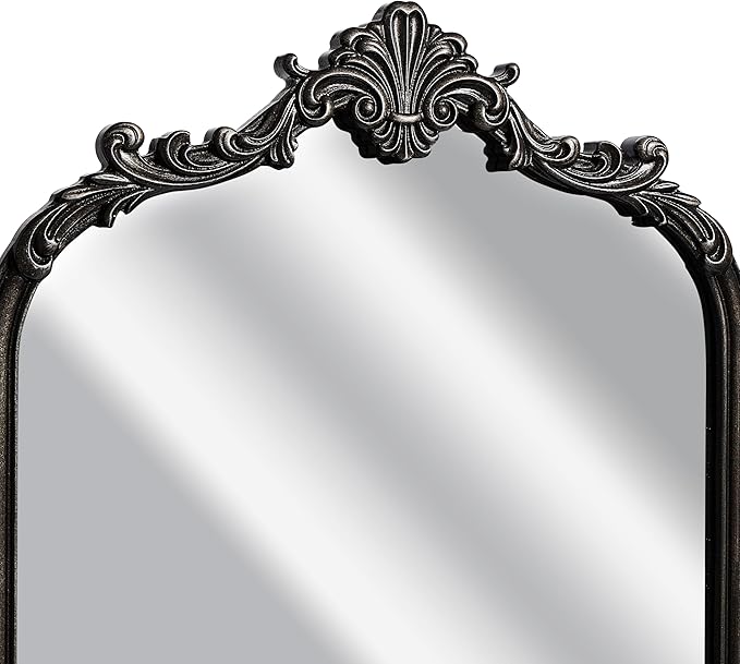 English Estate Carved Arch Wood Wall Mirror, Mirror for Entryway, Living Room, Bathroom, Distressed Black, 20.4x33