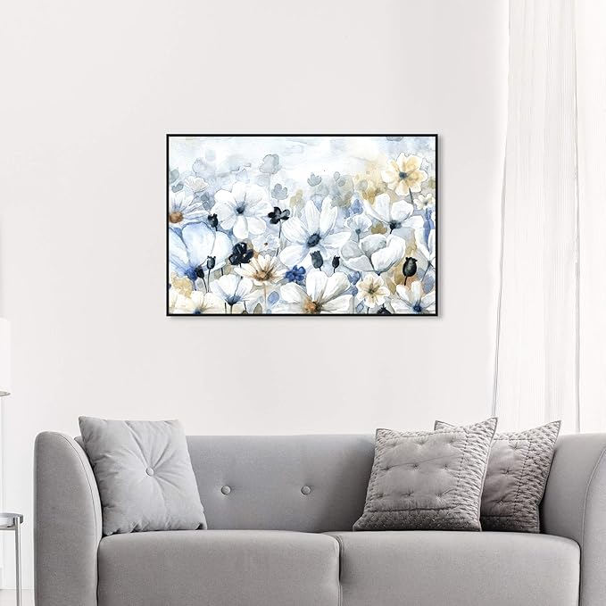 The Oliver Gal Artist Co. Floral and Botanical Wall Art Framed Canvas Prints 'Fields Flowers Home Décor, 45" x 30", Blue, White