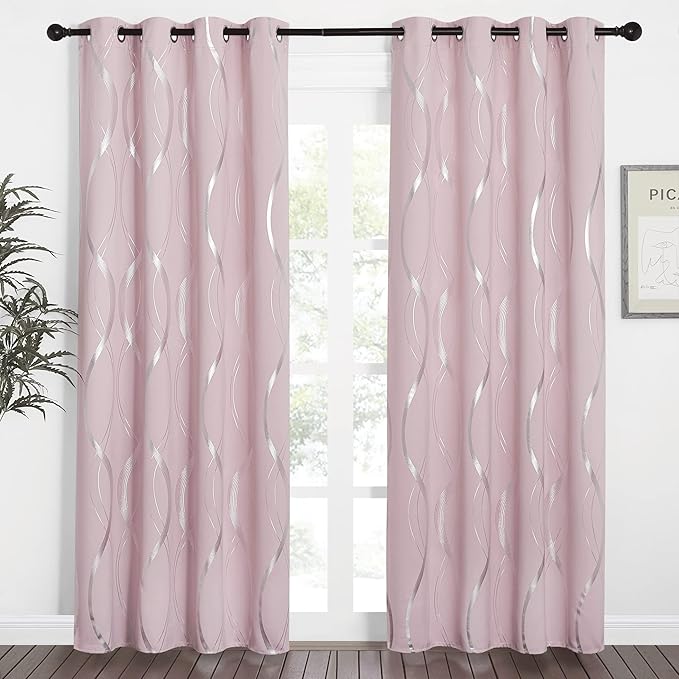 NICETOWN Pink Blackout Curtains Panels for Bedroom, Noise Reducing Thermal Insulated Wave Line Foil Print Design Blackout Curtains for Patio Sliding Glass Door (Lavender Pink, 2 Panels, 52 x 84 Inch)