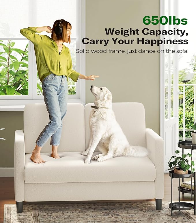 Welzona Loveseat, 51" Small Couch, Comfy Teddy Love Seat for Living Room, Tool-Free Setup Loveseat Sofa for Small Spaces, All-Wood Small Sofa Couch for Bedroom, No Pillow Included, Cream White