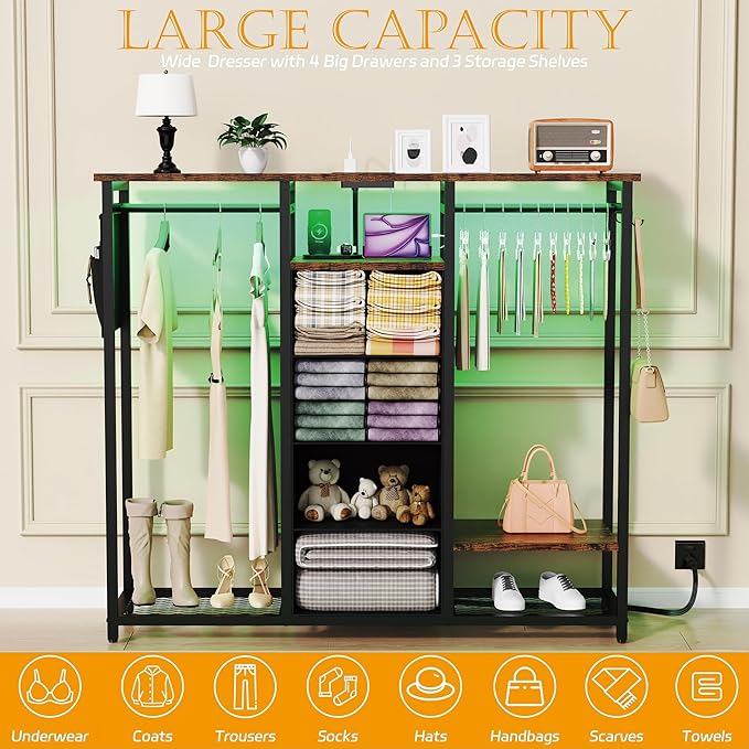 Dresser for Bedroom with 2 Hanging Racks, 4 Drawer Storage Unit with Led Light and Charging Station, Brown Dresser with Clothes Rack, Bedroom Organization with Side Pocket and Hooks, Brown