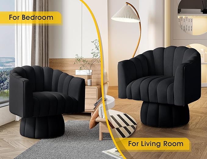 Mid Century 360 Degree Swivel Cuddle Barrel Accent Sofa Chairs, Round Armchairs with Wide Upholstered, Fluffy Velvet Fabric Chair for Living Room, Bedroom, Office, Waiting Rooms, (Black)