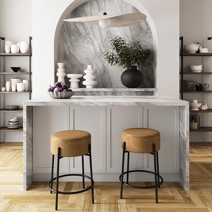 Nathan James Isaac 24" Modern Backless Bar Stool with Round Soft Padded Upholstered Seat and Metal Mid-Century Base, PU Light Brown/Black, Set of 2