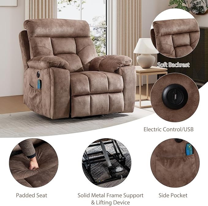 EBELLO Reclining Living Room Set, Soft Fabric Manual Recliner Sofa Furniture Set, Includes 2 Power Lift Recliner Chairs with Massage and Heat and 3 Seat Sofa, Brown
