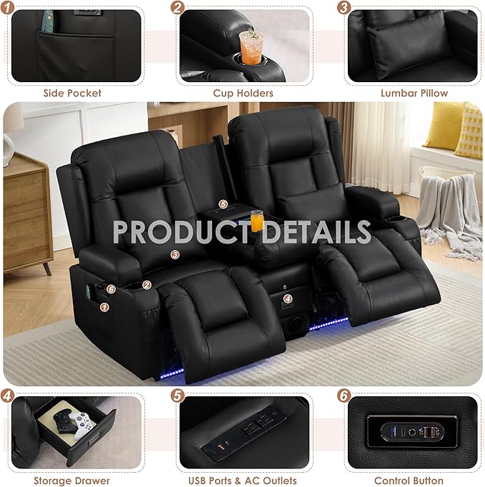TUNYI Wall Hugger Loveseat Recliner Sofa with Console, Power Reclining Loveseat RV Couch with Massage & Heat/USB/Outlet/Storage/LED Light/Speaker (Black)
