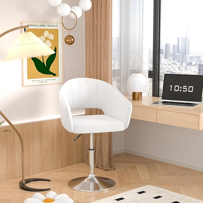 VECELO Velvet Accent Chair, Adjustable Luxury Vanity & Dining Chair with Gold Barstool Base, 360°Swivel Upholstered Armchair for Living Room, Bedroom, Home Office, Pearl White