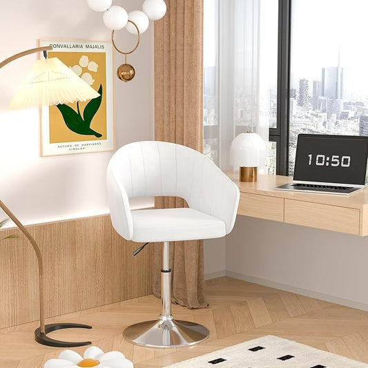 VECELO Velvet Accent Chair, Adjustable Luxury Vanity & Dining Chair with Gold Barstool Base, 360°Swivel Upholstered Armchair for Living Room, Bedroom, Home Office, Pearl White