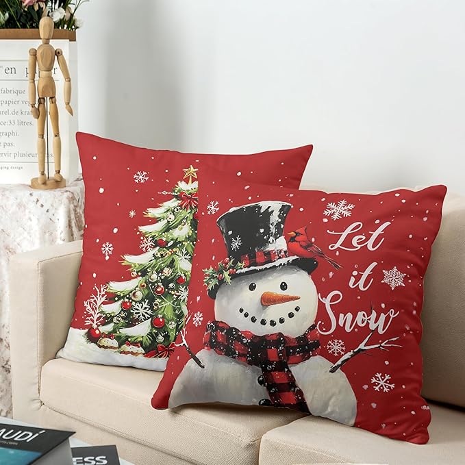 Red Christmas Pillow Covers Snowman Throw Pillow Covers Xmas Tree Pillow Case 18x18 Winter Snowflakes Cotton Blend Cushion Case for Holiday Decor Couch Sofa 2 Pack
