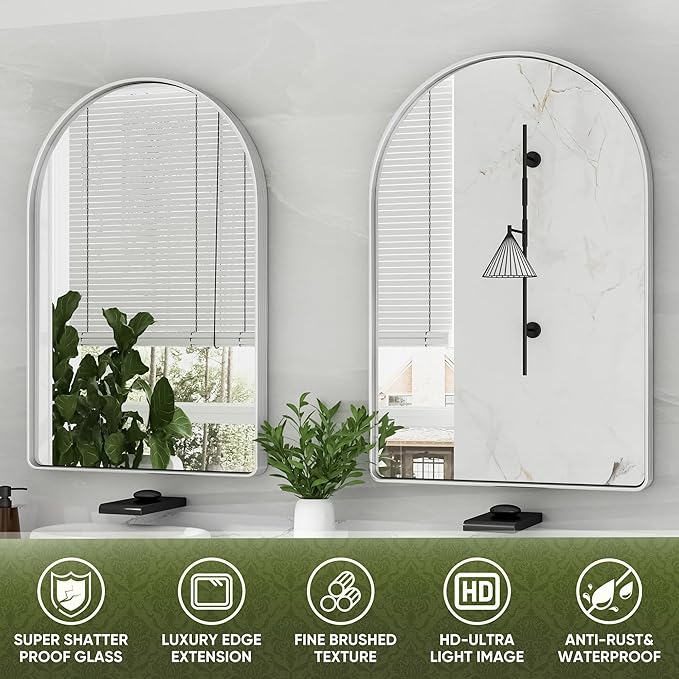 Suidia 26" x 38" Bathroom Mirror, Bathroom Vanity Mirror Metal Framed, Wall-Mounted Mirrors for Bedroom, Living Room, Entryway, Hallway, Silver, Arch Style