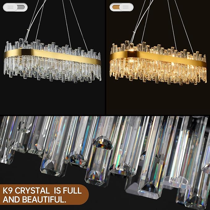 Gold Crystal Chandeliers for Dining Room, 20 Lights Modern Oval Chandelier for Lining Room, Rectangular Crystal Pendant Light Fixture for Kitchen Island Bar L36 Inch