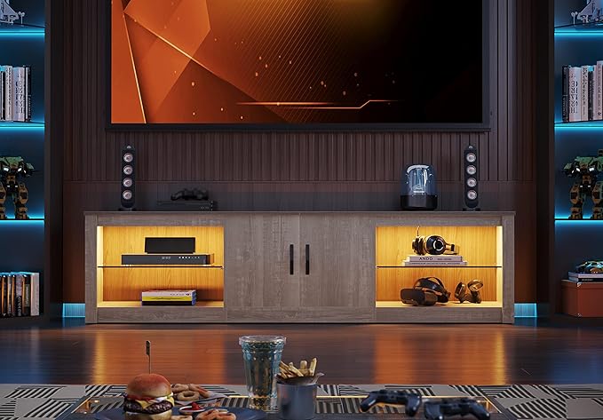 Bestier 70 Inch Led TV Stand for 75 Inch TV Large Entertainment Center Gaming with Adjustable Glass Shelves Two Cabinets Modern TV Console for Living Room 22 RGB Modes, Wash White