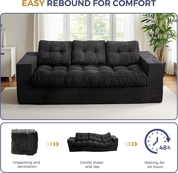 MAXYOYO Oversized Loveseat Sofa Couch, Upholstered Bean Bag Chair Cloud 3-Seat for Adults, Boneless Couch with Tufted Cushion & Pillows, Sofa in A Box, No Assembly Required, Black