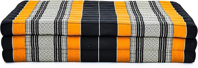 Leewadee Trifold Mattress XL – Comfortable Thai Massage Pad, Foldable Relaxation Floor Mattress Filled with Kapok, Perfect to Use as a Sleeping Mat 79 x 39 inches, Black Orange