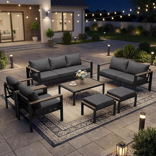 Outdoor Patio Furniture Set 7 Pieces Luxury Aluminum Patio Conversation Set with Coffee Table and 2 Ottoman 9 Seats, Thick Cushions, Large Sectional Sofa for Porch, Balcony, Deck, Dark Gray