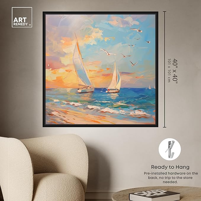Art Remedy Sailboats In The Sunset Framed Sailing 1 Piece Canvas Wall Art, 41" x 41", Black Frame