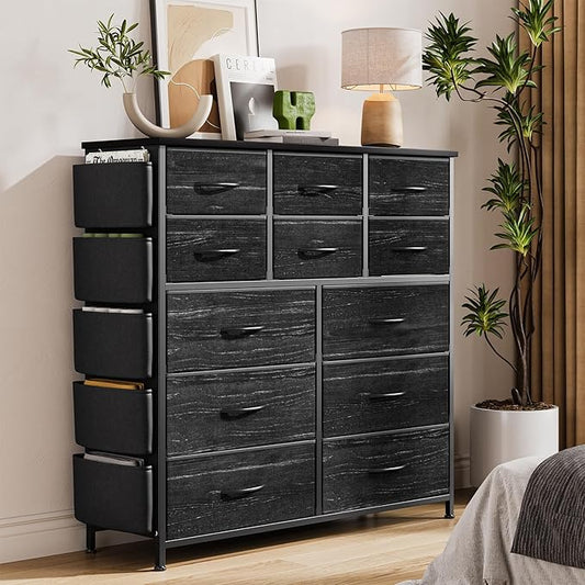 GarveeHome Black 12 Drawer Dresser for Bedroom, Fabric Dressers & Chests of Drawers with Side Pockets, Chest of Drawers for Closet, Living Room, Closet, Hallway