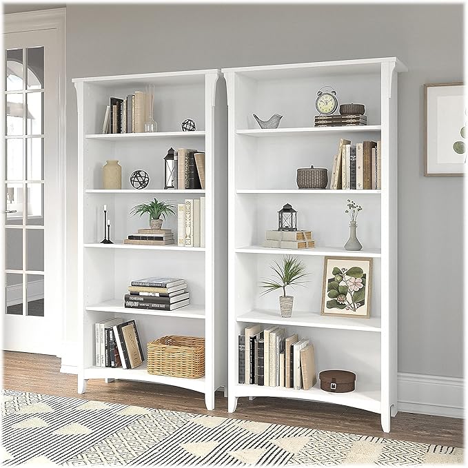 Bush Home Salinas Tall 5 Shelf Bookcase - Set of 2 in Shiplap Gray and Pure White, Vertical Office Storage, Bookshelves for Home Workspace, Multi-Purpose Shelving Units