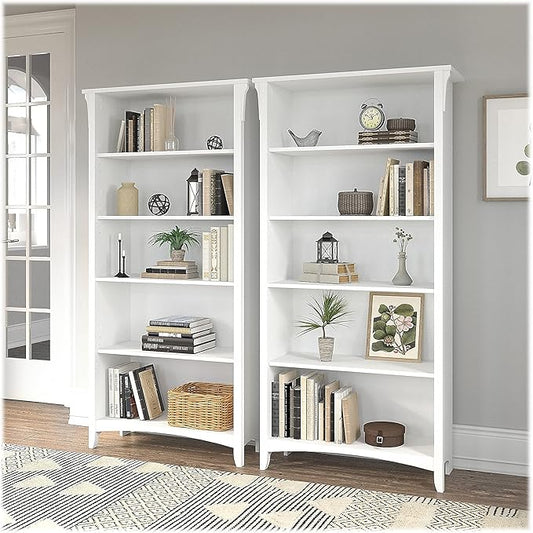 Bush Home Salinas Tall 5 Shelf Bookcase - Set of 2 in Shiplap Gray and Pure White, Vertical Office Storage, Bookshelves for Home Workspace, Multi-Purpose Shelving Units