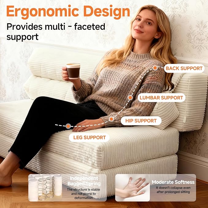 Convertible Sofa Bed, Folding Sofa Bed Couch, Pallout Floor Couch, Convertible Futon Chair Beds, Floor Teddy Sofas, Mini Couch for Bedroom, Love Seat Sleeper Beds(Beige White, 51.1"×59.8"×23.6")