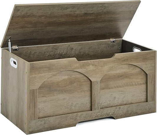 Storage Chest, 31.5" Retro Wooden Storage Bench, Entryway Storage Trunk, Supports 330 lb, Upgraded Safety Lift Support Hinge, Entryway Bench, U-Shaped Opening for Entryway Living Room, Greige