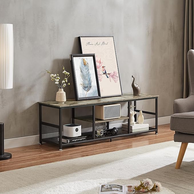 VECELO TV Stand with Power Outlets for Televisions up to 65Inch, 55" Media Entertainment Center with Charging Station 3-Tier Open Storage Shelves with Metal Frame for Living Room/Bedroom，Grey