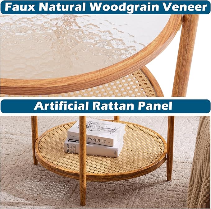 VINGLI 25.6" Rattan Coffee Table, Round Water-Wave Glass Metal Center Table, Modern Coffee Table with 2-Tier Storage, Farmhouse Circular Table for Living Room and Small Space, Natural Vibe